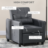 HOMCOM Pull-Out Sleeper Chair Bed with Pillow & Side Pockets – Single Guest Bed, Padded Upholstery, Grey