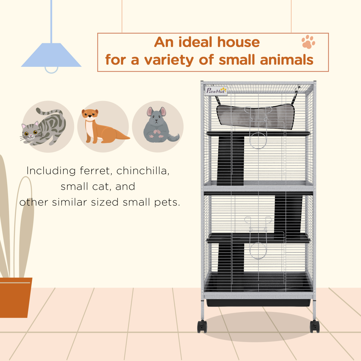 PawHut Rolling Small Animal Cage with Ramps & Platforms – Chinchilla and Ferret Cage with Hammock, Light Grey
