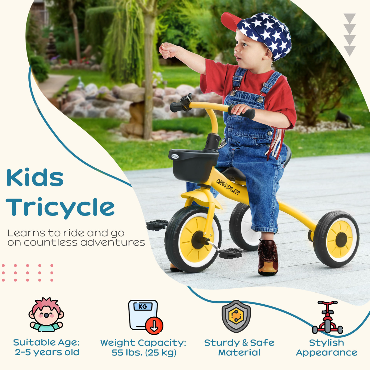AIYAPLAY Kids Tricycle with Adjustable Seat, Basket & Bell, EVA Wheels – Ride-On Trike for Ages 2-5, Yellow