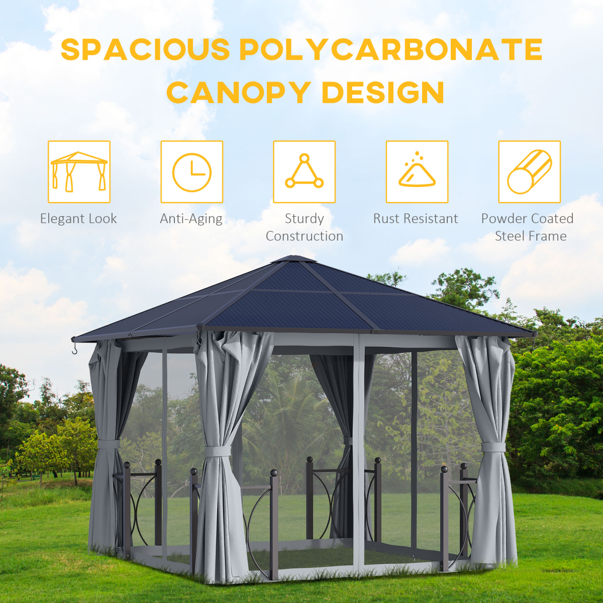 Outsunny 3 x 3m Hardtop Gazebo with Polycarbonate Roof, Curtains & Netting – Garden Shelter, Dark Grey
