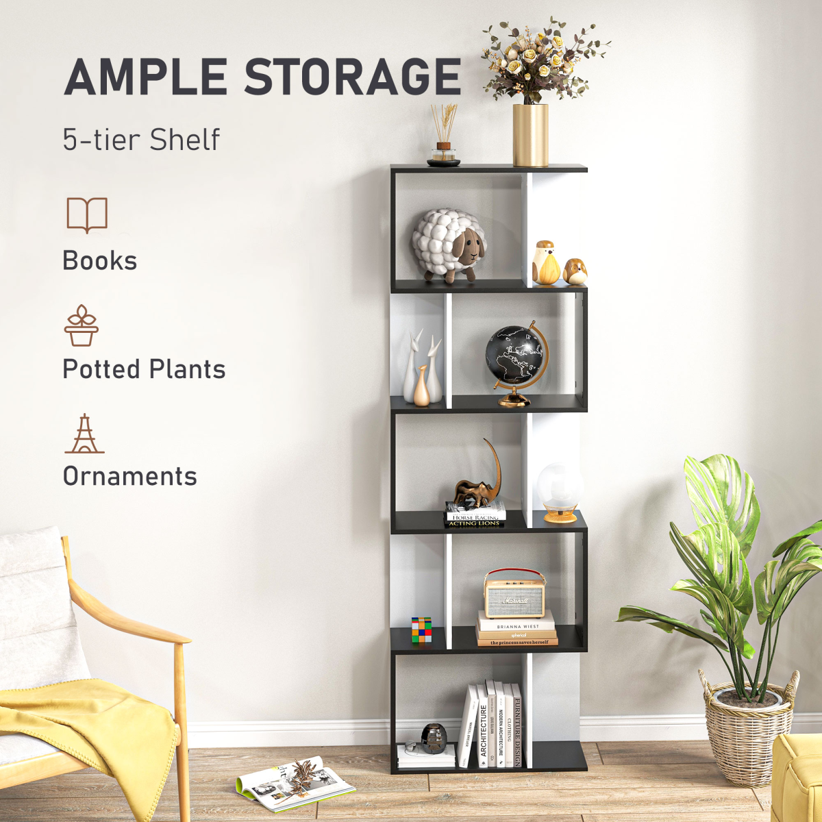 HOMCOM 5-Tier S-Shaped Bookcase – Open-Back Display Shelving and Room Divider, Black