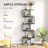HOMCOM 5-Tier S-Shaped Bookcase – Open-Back Display Shelving and Room Divider, Black