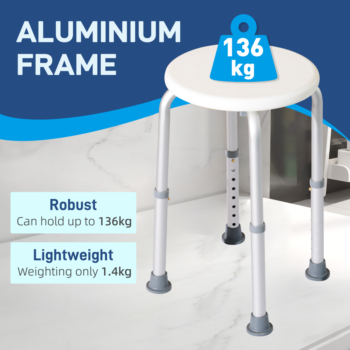 HOMCOM Adjustable Bath Chair Shower Stool with Suction Pads – Bathroom Safety Aid for the Elderly