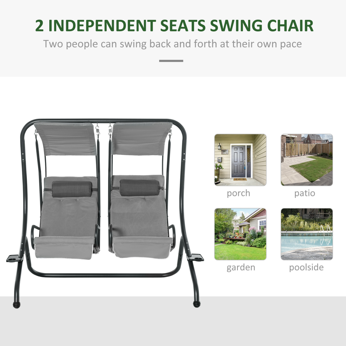 Outsunny Canopy Double Garden Swing with 2 Separate Chairs & Steel Frame – Patio Swing Seat, Grey