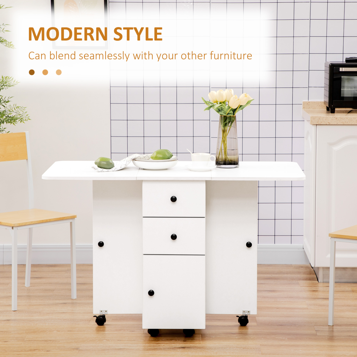 HOMCOM Folding Drop Leaf Dining Table with Storage Drawers – Space-Saving Dining & Sideboard, White