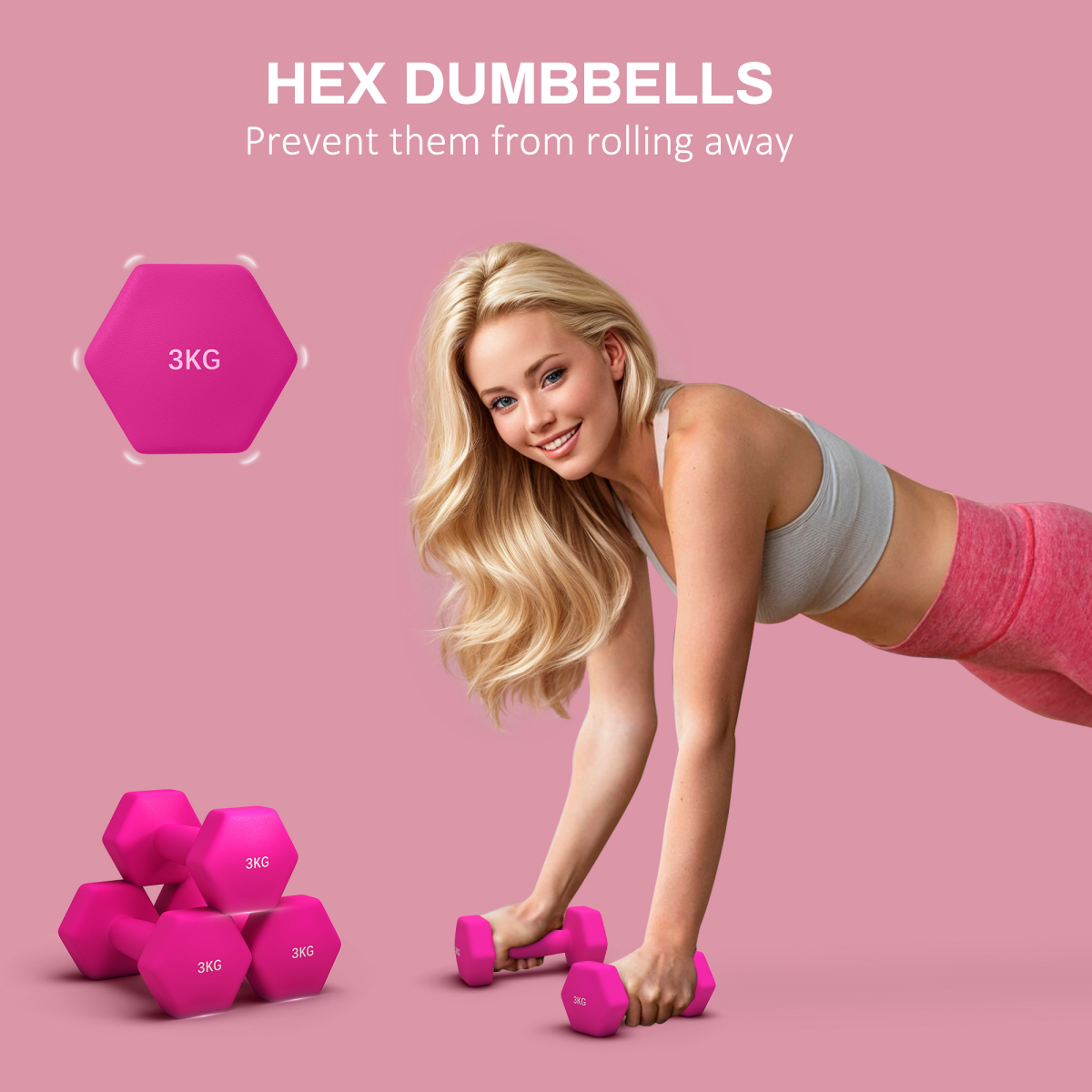 SPORTNOW Hexagonal Dumbbell Pair, 2 x 3kg – Non-Slip Grip Home Gym Hand Weights, Pink