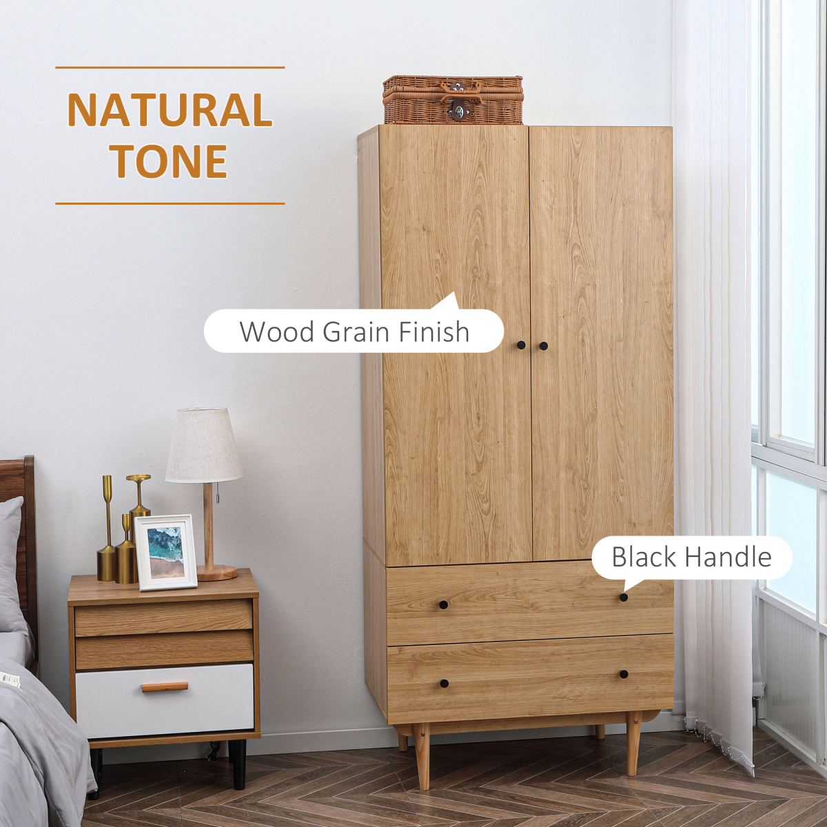 HOMCOM Modern 2 Door Wardrobe with 2 Drawers & Hanging Rail – Bedroom Clothes Storage
