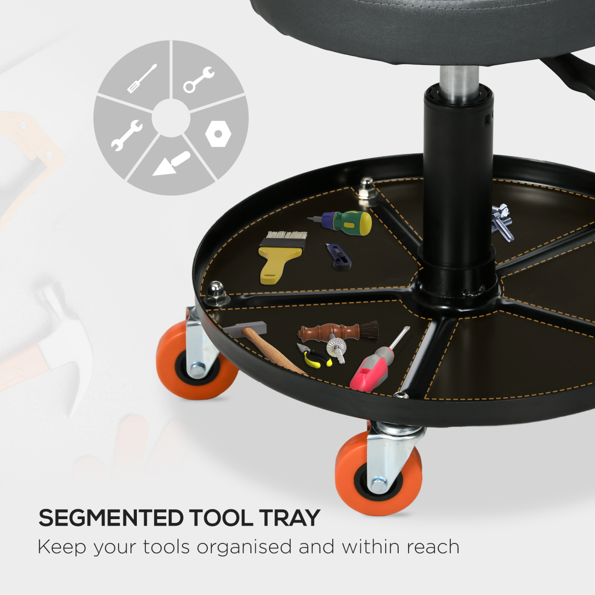 HOMCOM Pneumatic Adjustable Mechanic Stool with Tool Tray and Wheels – Workshop Seat, Black