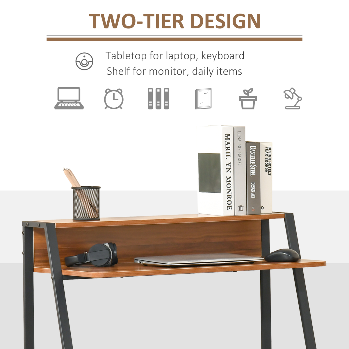HOMCOM Computer Table with Two-Tier Worktop and Steel Frame – Home Study Desk, 84cm, Walnut Colour