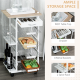 HOMCOM Multi-Use Kitchen Island Trolley with 4 Baskets, Side Racks & Drawer – Wheeled Storage Cart, White