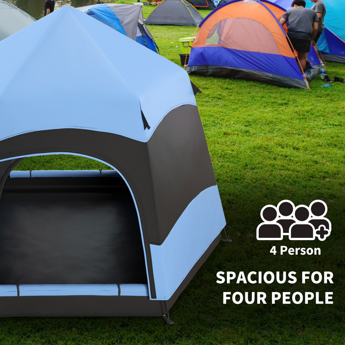 Outsunny 4 Person Pop Up Tent with 2 Doors & Mesh Windows – Camping & Festival Shelter, Blue and Black