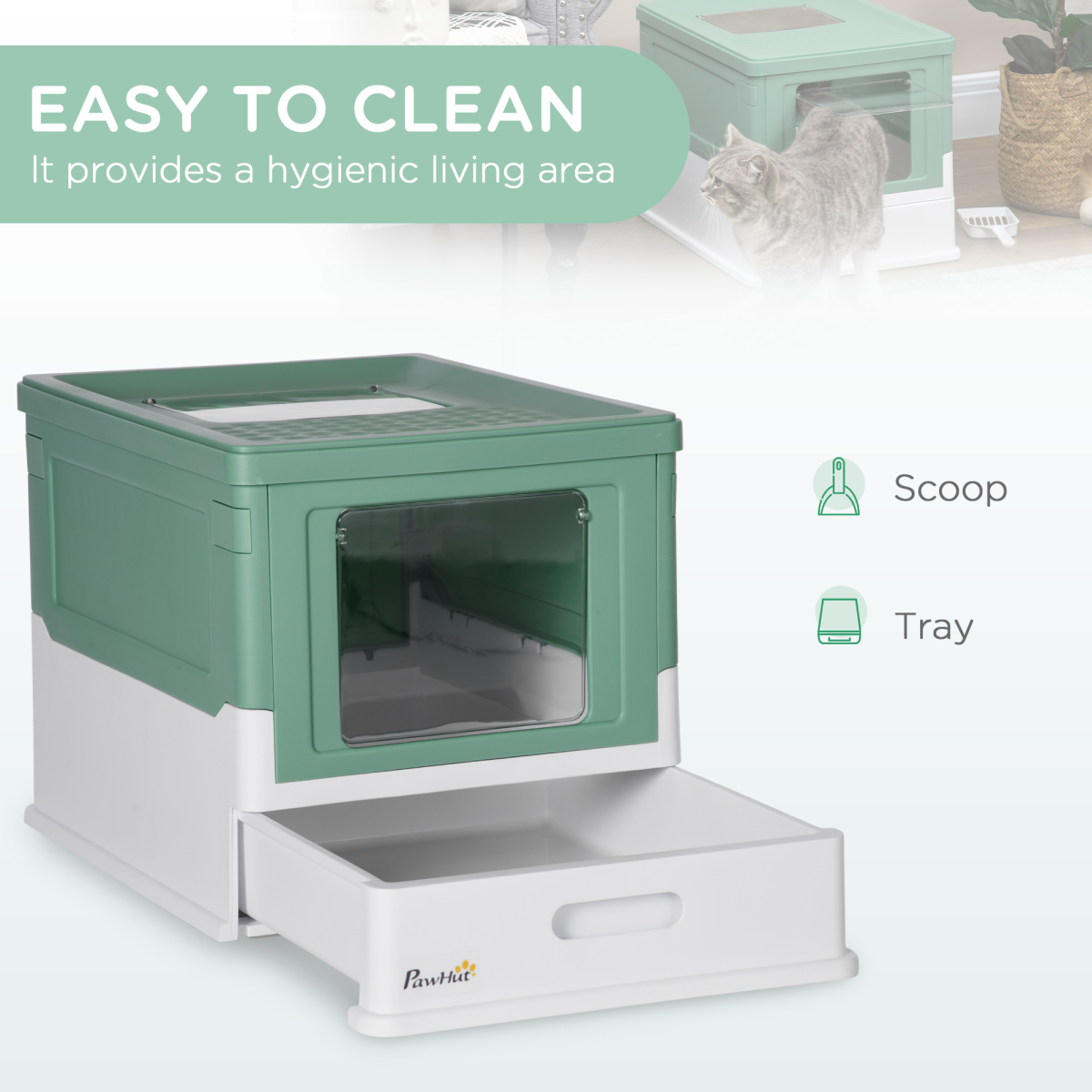 PawHut Hooded Cat Litter Box with Scoop & Removable Tray – Portable Enclosed Pet Toilet, Green
