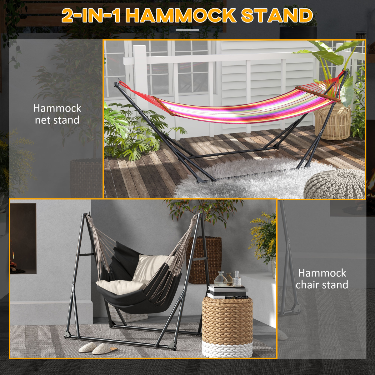 Outsunny Foldable 2-in-1 Hammock Stand for Hammock Nets and Chairs – Steel Frame with Carry Bag, Black