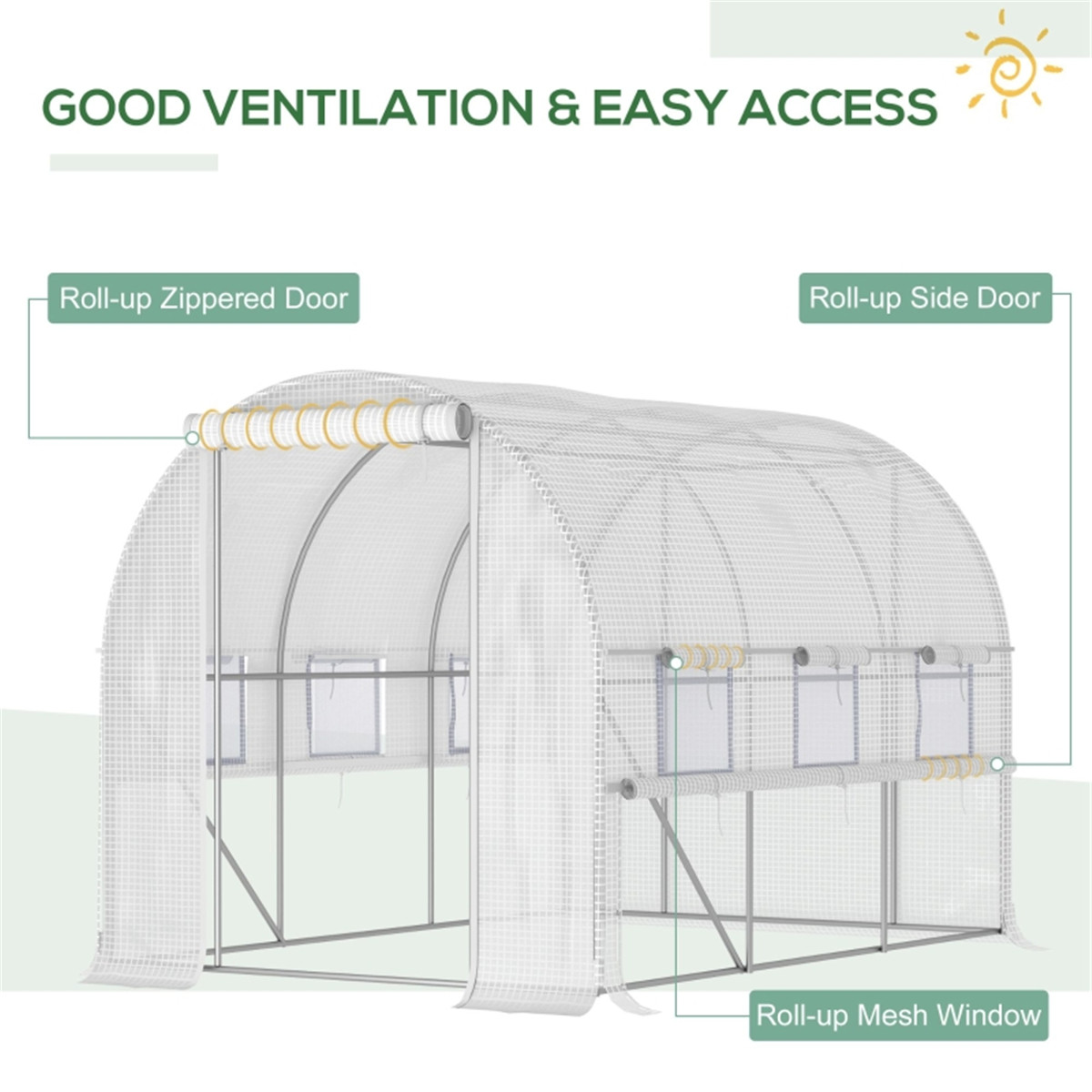 Walk-In Tunnel Greenhouse with Galvanised Steel Frame, Roll-Up Doors & Windows – UV-Protective PE Cover, White