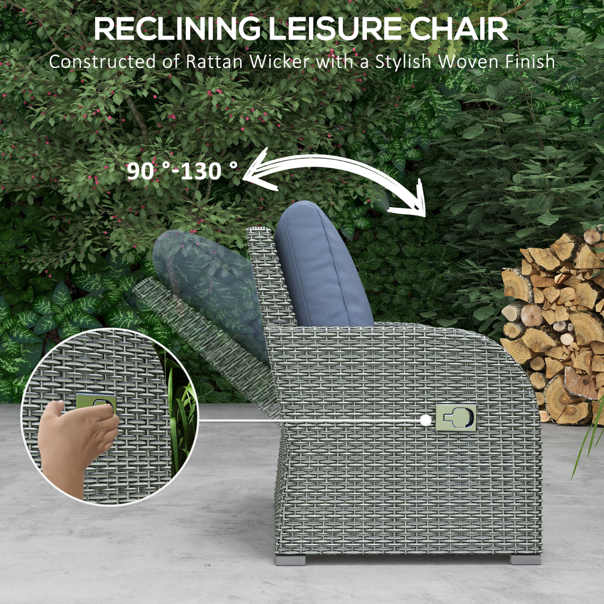 Outsunny 6-Piece Padded Rattan Garden Set with 3-Seater Sofa, 2 Reclining Armchairs, Footstools & Table, Blue