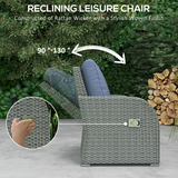 Outsunny 6-Piece Padded Rattan Garden Set with 3-Seater Sofa, 2 Reclining Armchairs, Footstools & Table, Blue