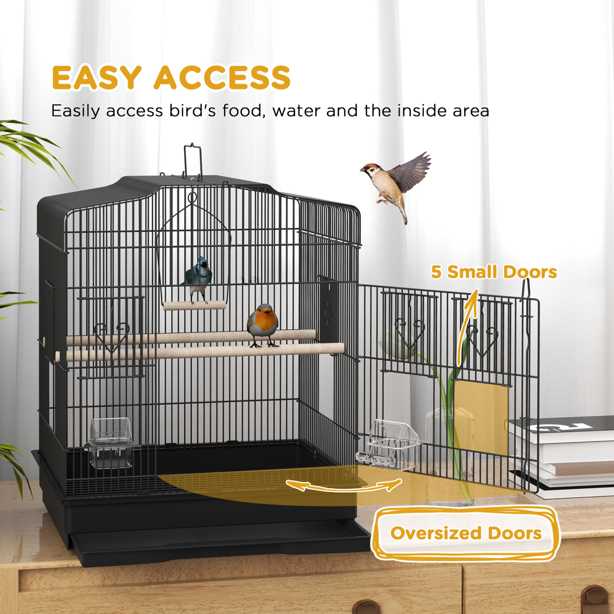 PawHut 59cm Large Bird Cage with Stand, Perches, Food Bowls & Swing – Powder-Coated Steel Aviary, Black
