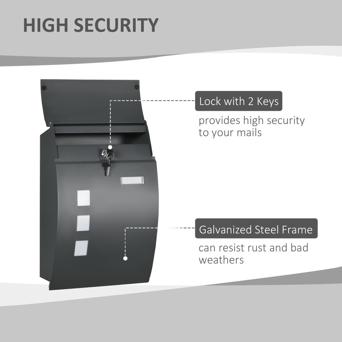 HOMCOM Lockable Wall-Mounted Letter Box with Viewing Windows – Weatherproof Galvanised Steel Post Box