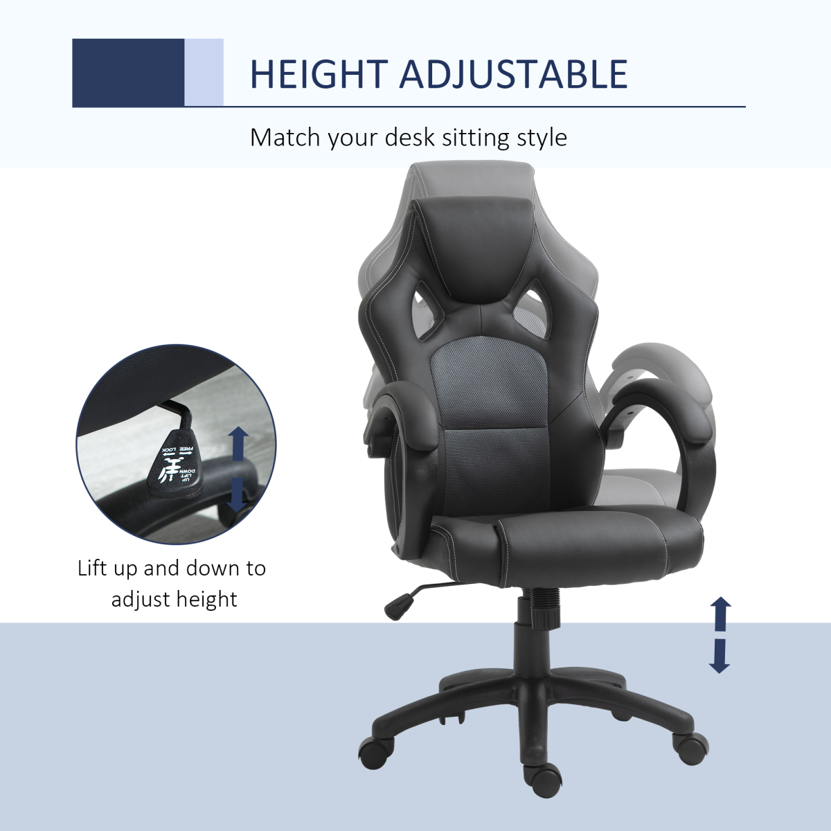 Vinsetto Executive Racing Gaming Chair with High Back, Headrest & Tilt Function – Home Office Chair, Grey PU Leather