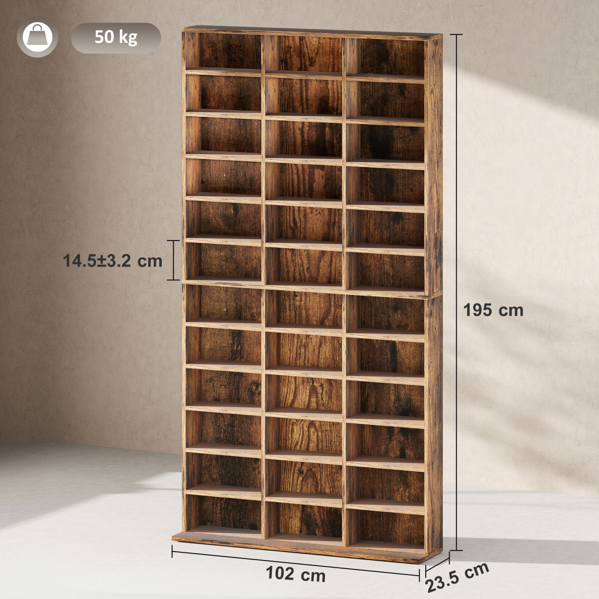 Tall Bookcase with 36 Cubes & 11 Adjustable Shelves for CDs and DVDs – Storage Cabinet, Rustic Brown