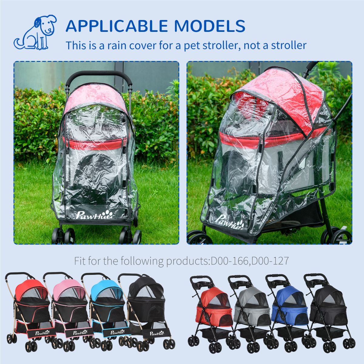PawHut Pet Stroller Rain Cover with Front and Rear Entry – Dog Pram Weather Protection, Transparent