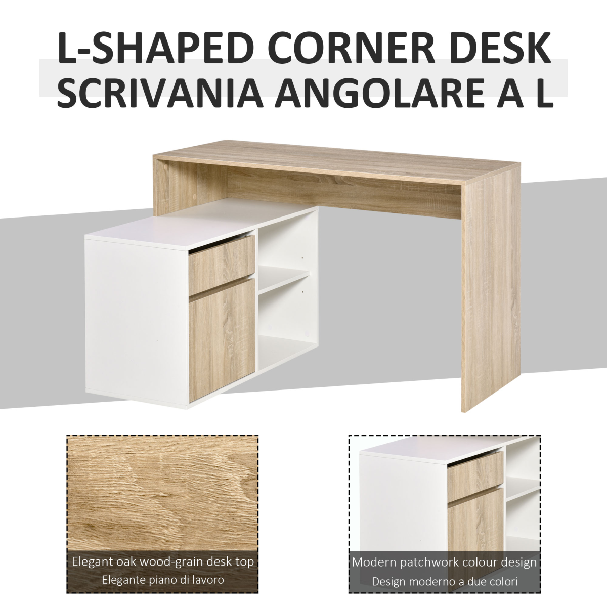 HOMCOM L-Shaped Corner Computer Desk with Cabinet, Drawer and Two Shelves – Home Office, Oak and White