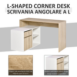 HOMCOM L-Shaped Corner Computer Desk with Cabinet, Drawer and Two Shelves – Home Office, Oak and White