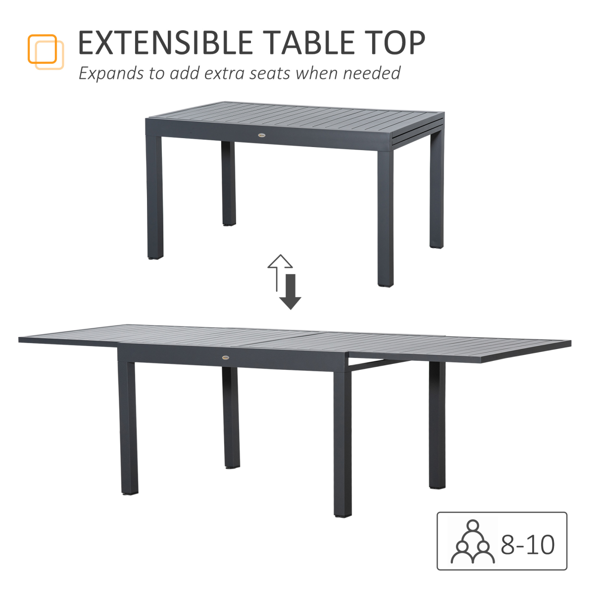 Outsunny Extendable Garden Dining Table for 8–10 with Aluminium Frame, 135–270cm – Grey