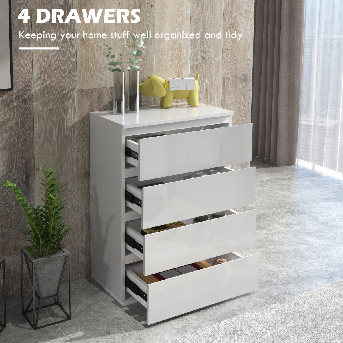 HOMCOM High Gloss 4 Drawer Chest of Drawers with Metal Runners – Bedroom & Hallway Storage