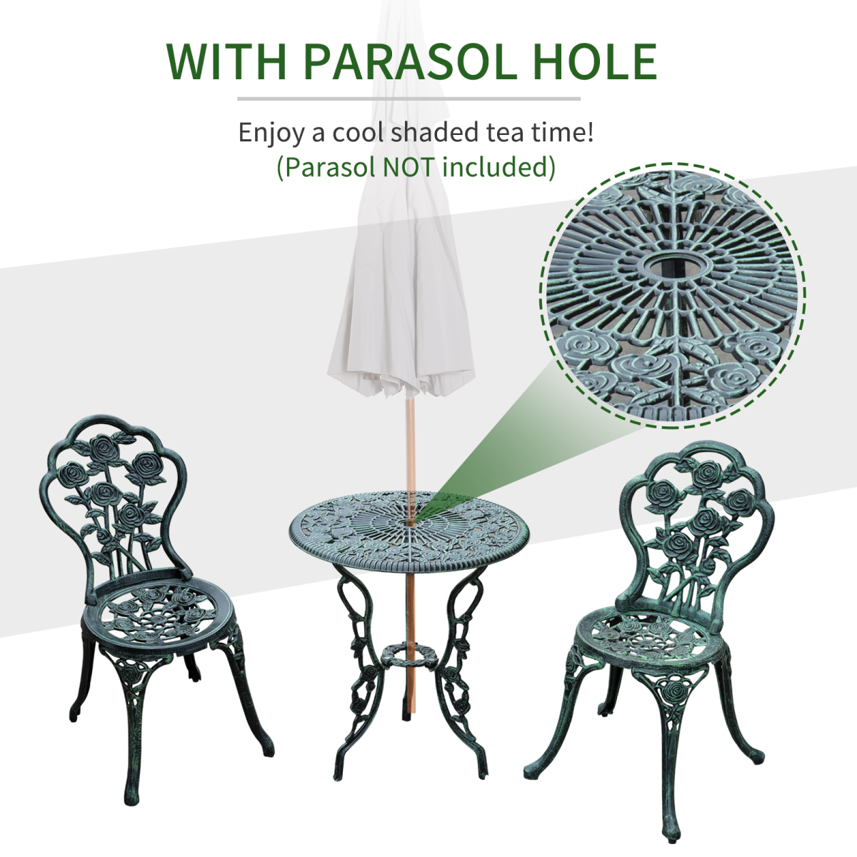 Outsunny 3-Piece Cast Aluminium Bistro Set with Parasol Hole – Antique-Style Garden Table & 2 Chairs, Green