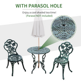 Outsunny 3-Piece Cast Aluminium Bistro Set with Parasol Hole – Antique-Style Garden Table & 2 Chairs, Green