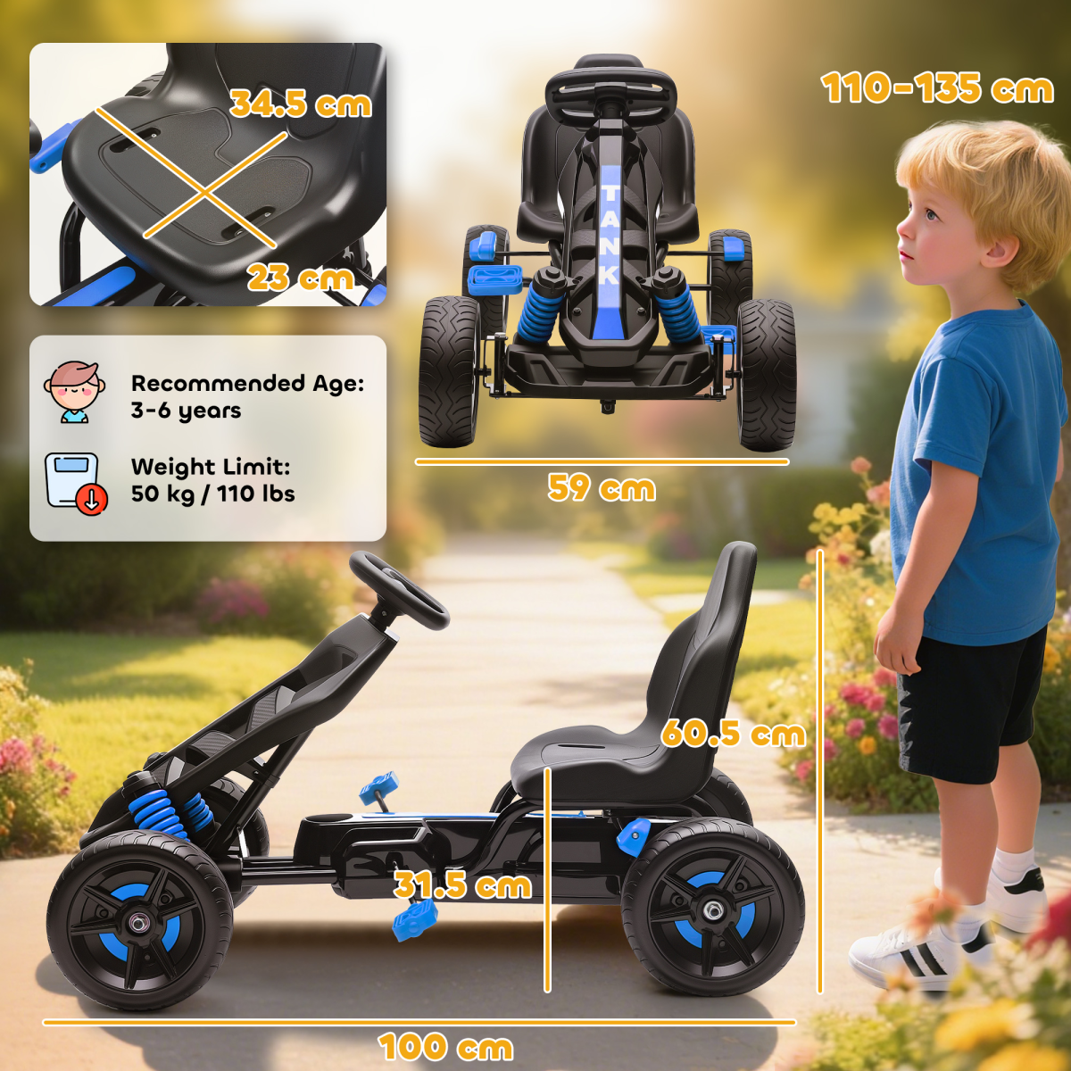 Kids Pedal Go-Kart with Freewheel, Forward, Reverse & Brake Controls and Cup Holder – Outdoor Ride-On, Blue