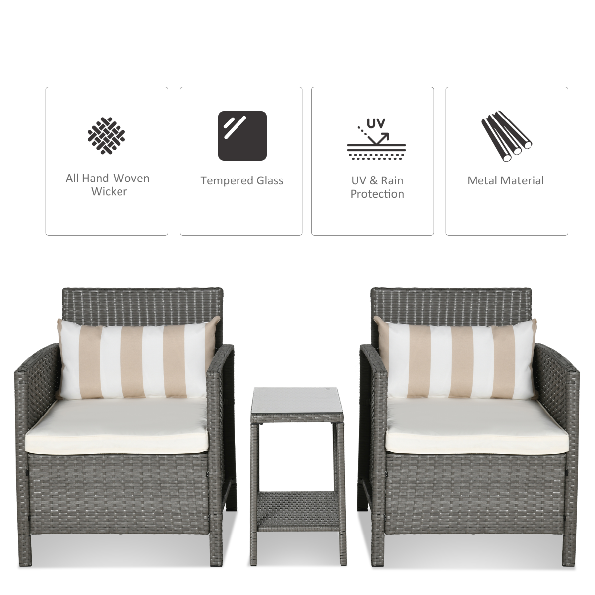 Outsunny Rattan Bistro Set with Glass-Top Table and Cushioned Chairs – Patio Furniture, Grey and Cream White