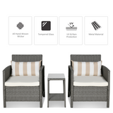 Outsunny Rattan Bistro Set with Glass-Top Table and Cushioned Chairs – Patio Furniture, Grey and Cream White