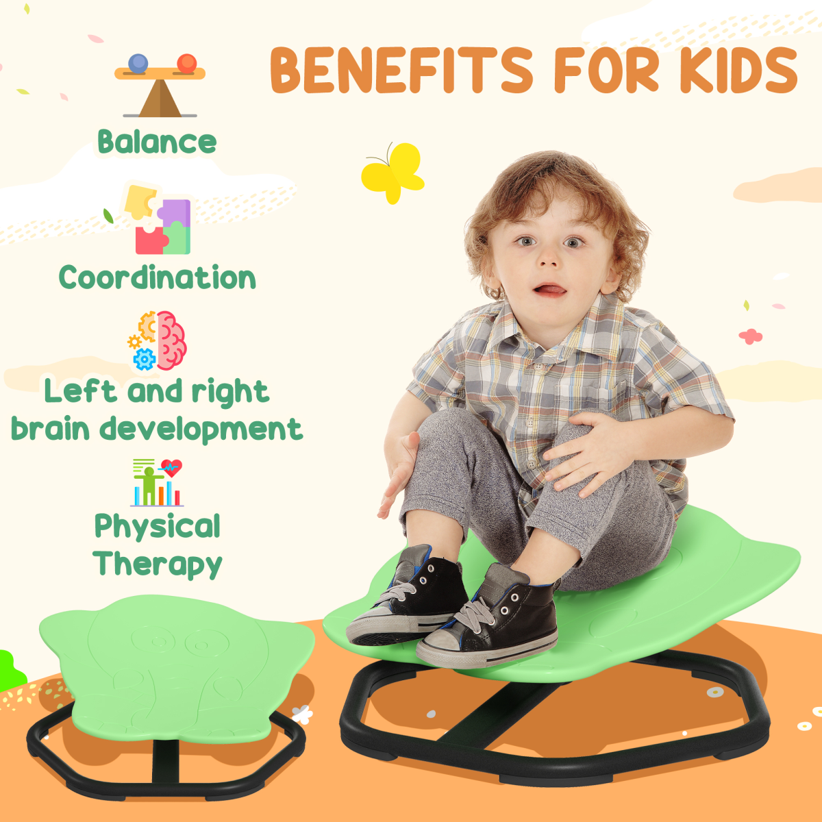 AIYAPLAY Kids Sensory Spinning Chair with Multiple Spinning Modes and Non-Slip Base – Balance & Coordination, Green