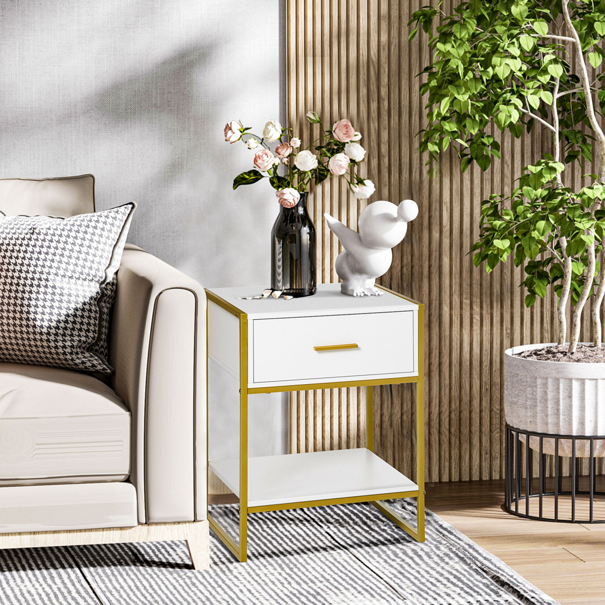 Modern Bedside Table with Drawer and Bottom Shelf – Gold-Tone Metal Frame Nightstand, White
