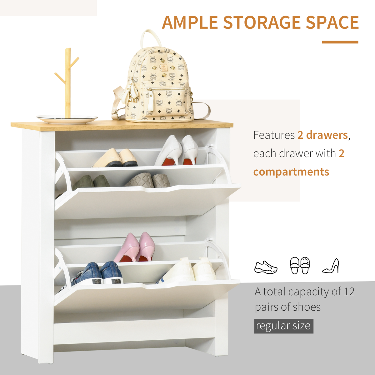 HOMCOM 12-Pair Shoe Storage Cabinet with 2 Pull-Out Drawers & 4 Shelves – Hallway Shoe Rack, White