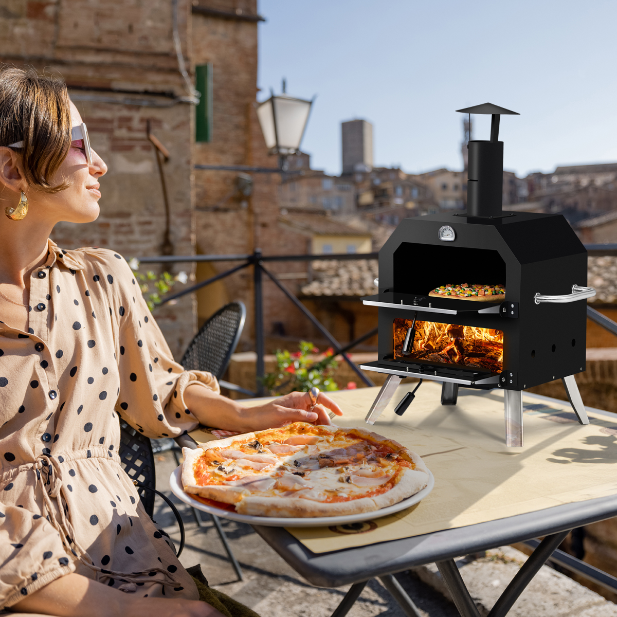 Wood Fired Outdoor Pizza Oven with 2 Layers, Pizza Stone & Cooking Rack – Portable BBQ Camping Oven