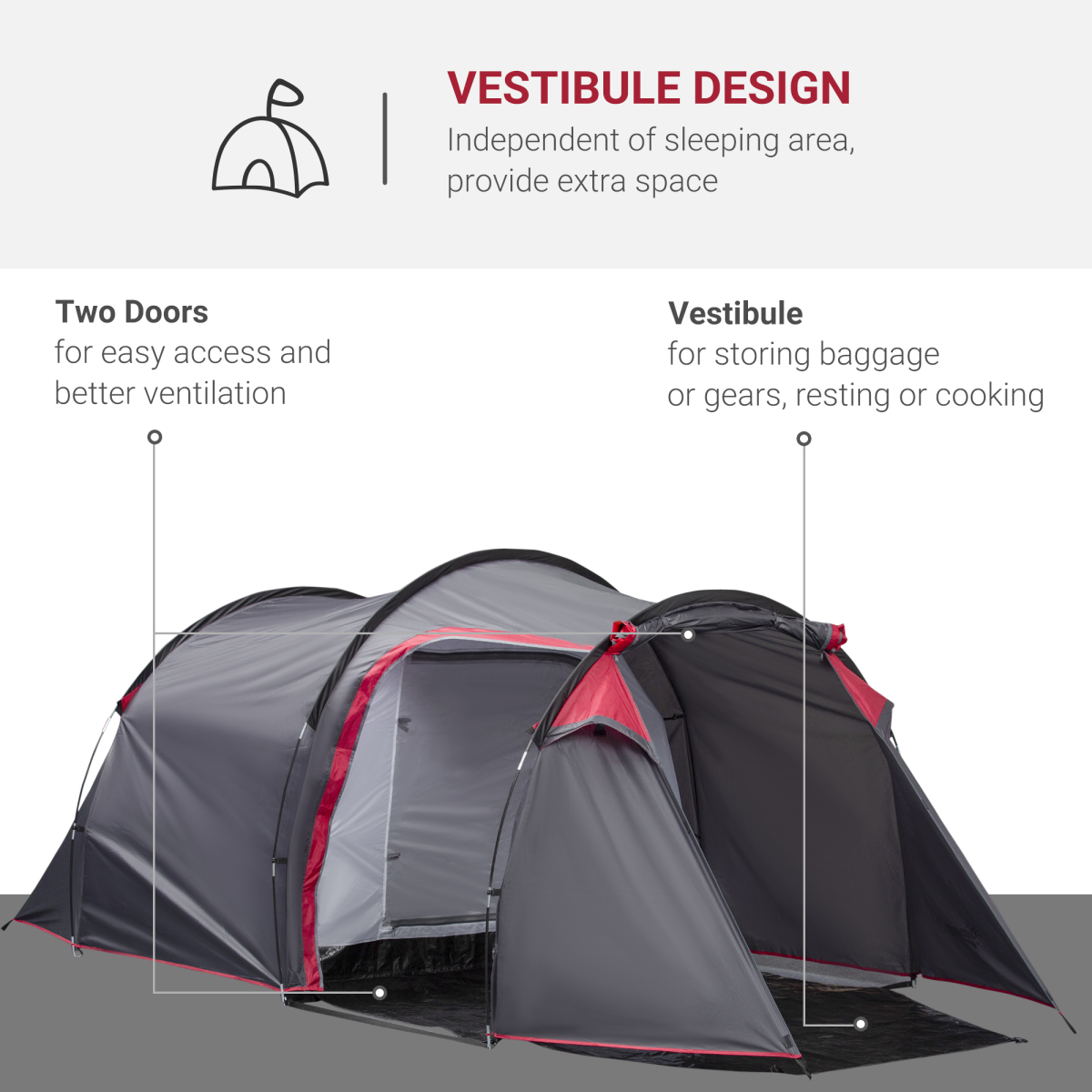 Outsunny 3 Man Camping Tent with 2 Rooms, Porch, Mesh Vents & Rainfly – 2000mm Waterproof Dome Tent