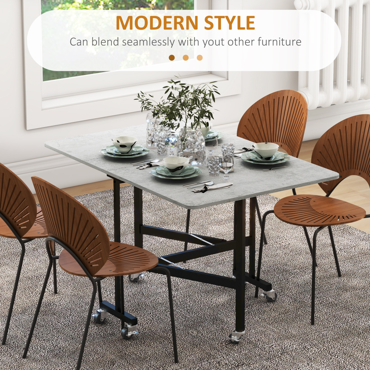 HOMCOM Drop Leaf Dining Table on Wheels – Seats up to 6, Space-Saving Mobile Table, Grey