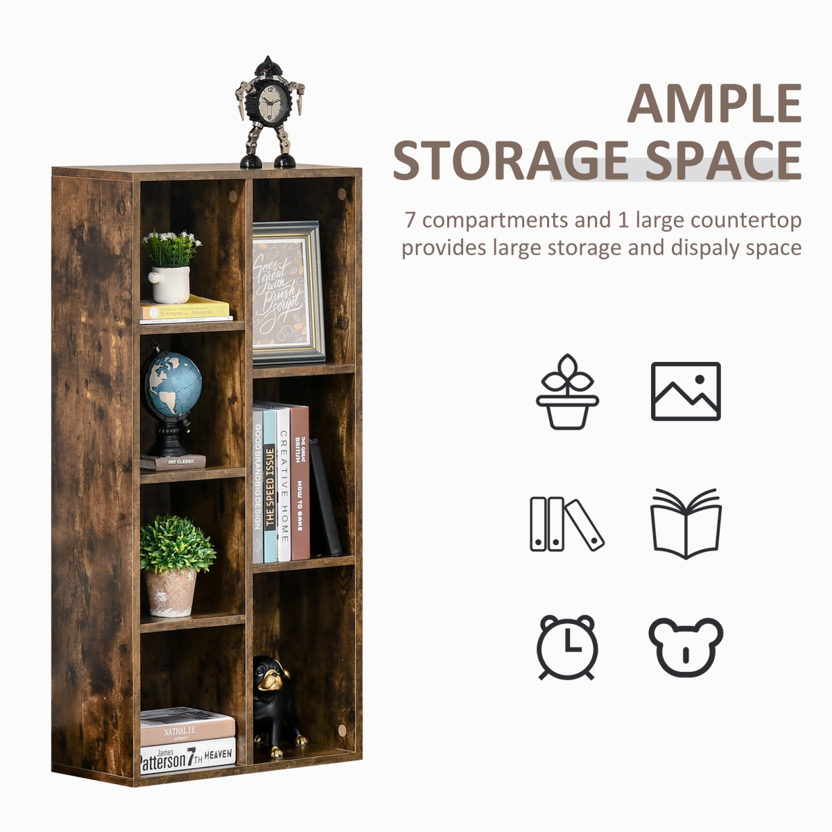 HOMCOM Industrial Cube Bookcase Display Cabinet with 7 Compartments – Metal Frame Storage, Rustic Brown
