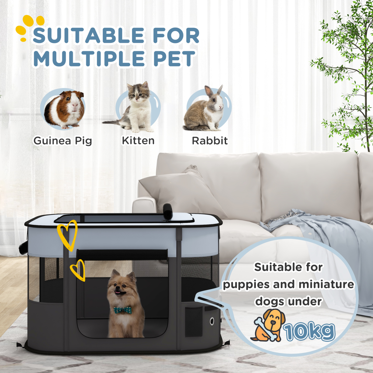 PawHut Portable Foldable Pet Playpen with Mesh Windows & Storage Bag – Dog, Rabbit & Kitten Run, Grey, 94cm