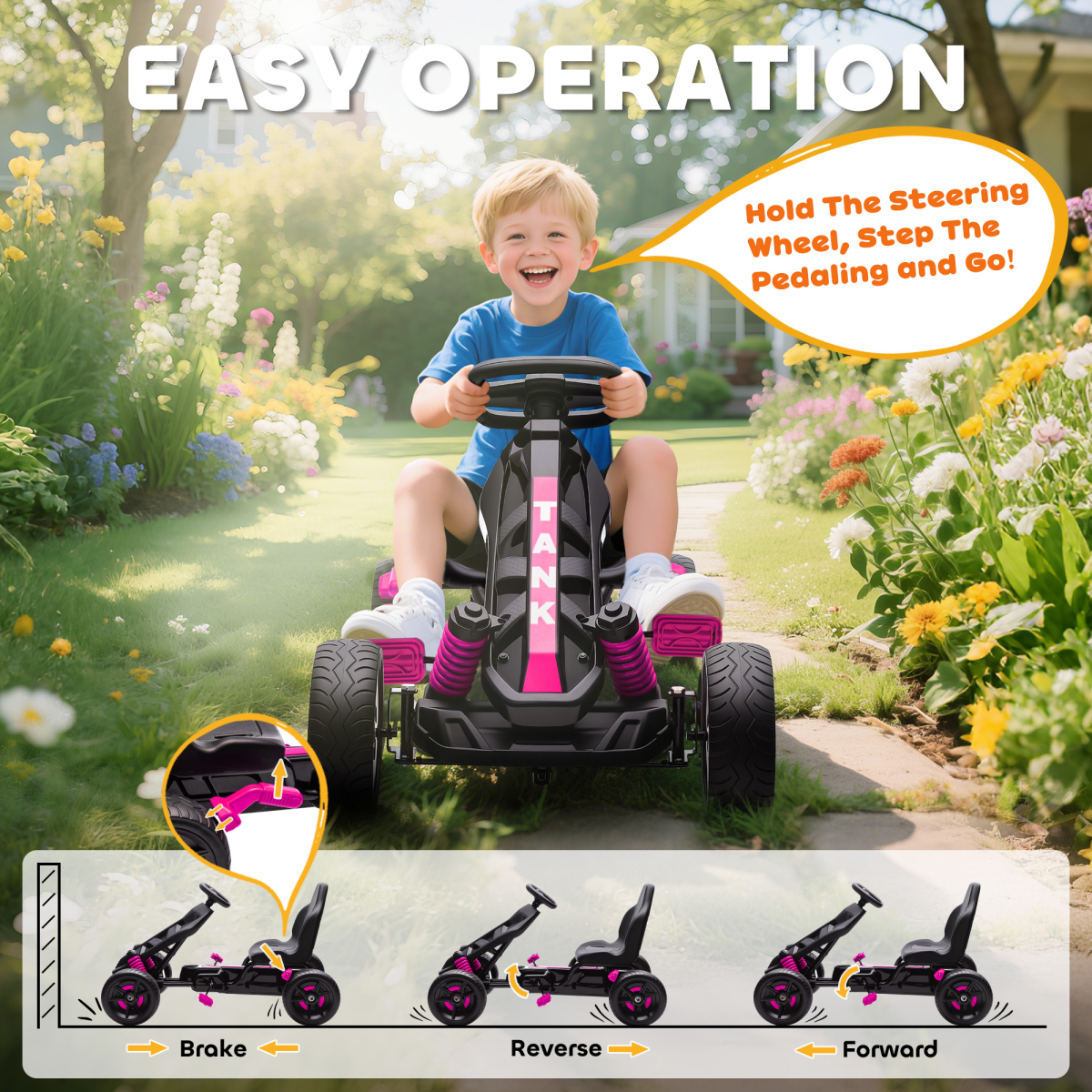 Kids Pedal Go-Kart with Freewheel, Forward & Reverse Gears and Cup Holder – Ride-On for Ages 3-6, Pink