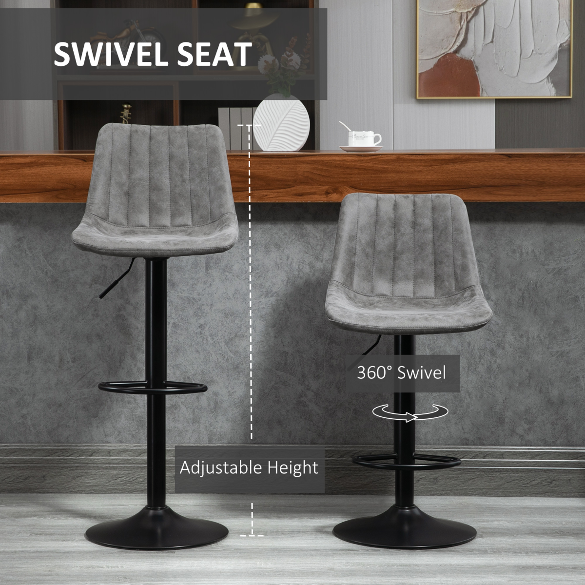 HOMCOM Set of 2 Retro Microfibre Tub Bar Stools with Footrest and Metal Frame – Grey