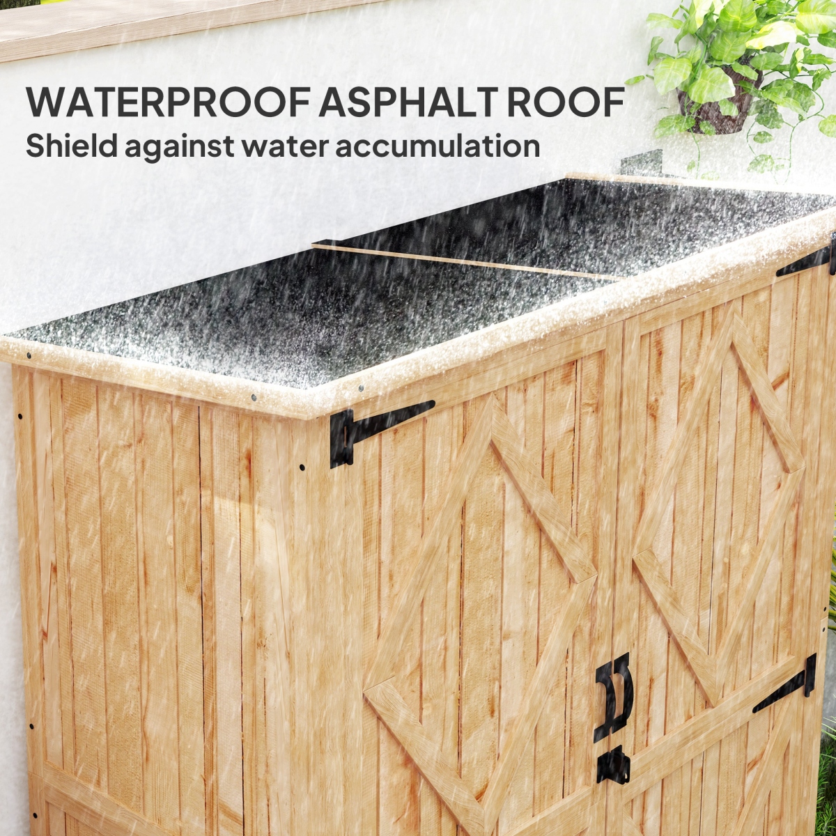 Outsunny Wooden Garden Tool Storage Cabinet with Double Doors, Shelves and Asphalt Roof – Fir Wood, Natural
