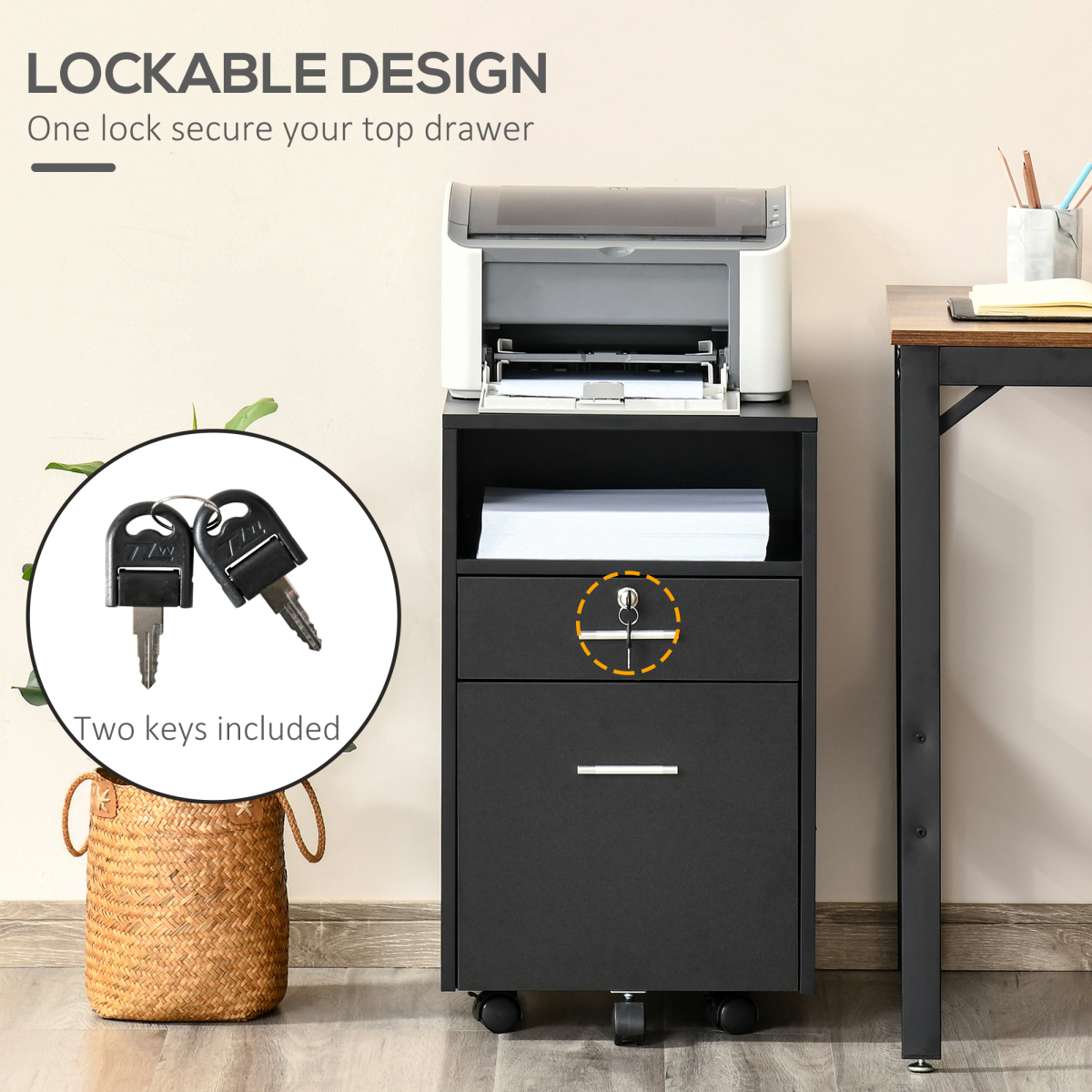 Vinsetto Mobile Lockable File Cabinet with Open Shelf & 5 Wheels – Home Office Storage, Black