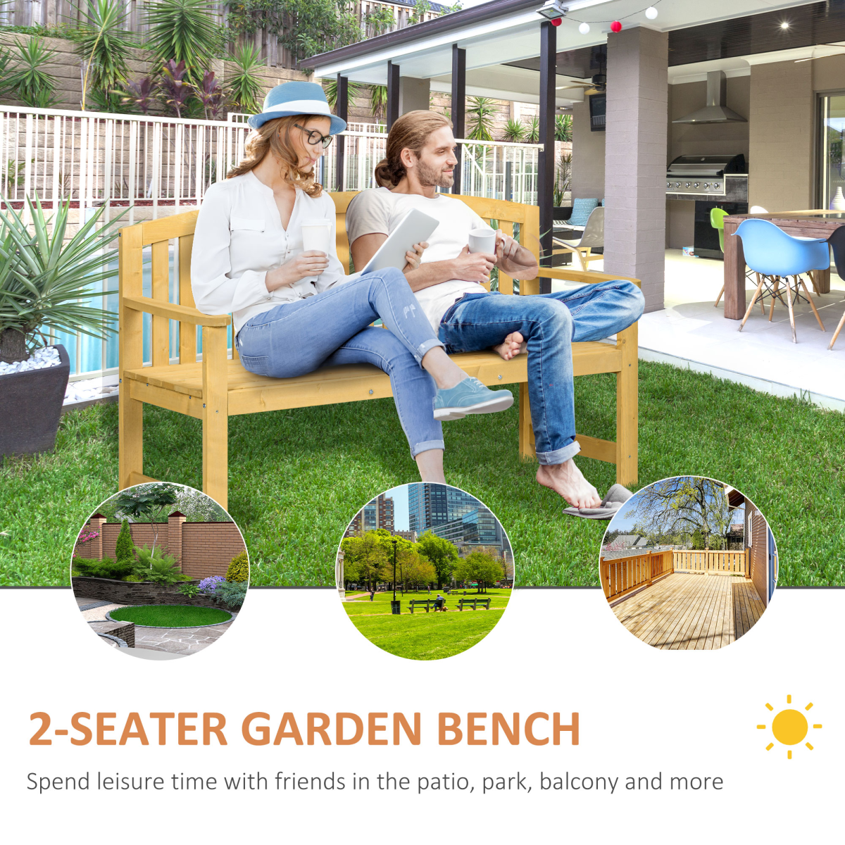 Outsunny 2-Person Wooden Garden Bench with Armrests & High Back – Fir Wood Outdoor Patio Seating, Orange