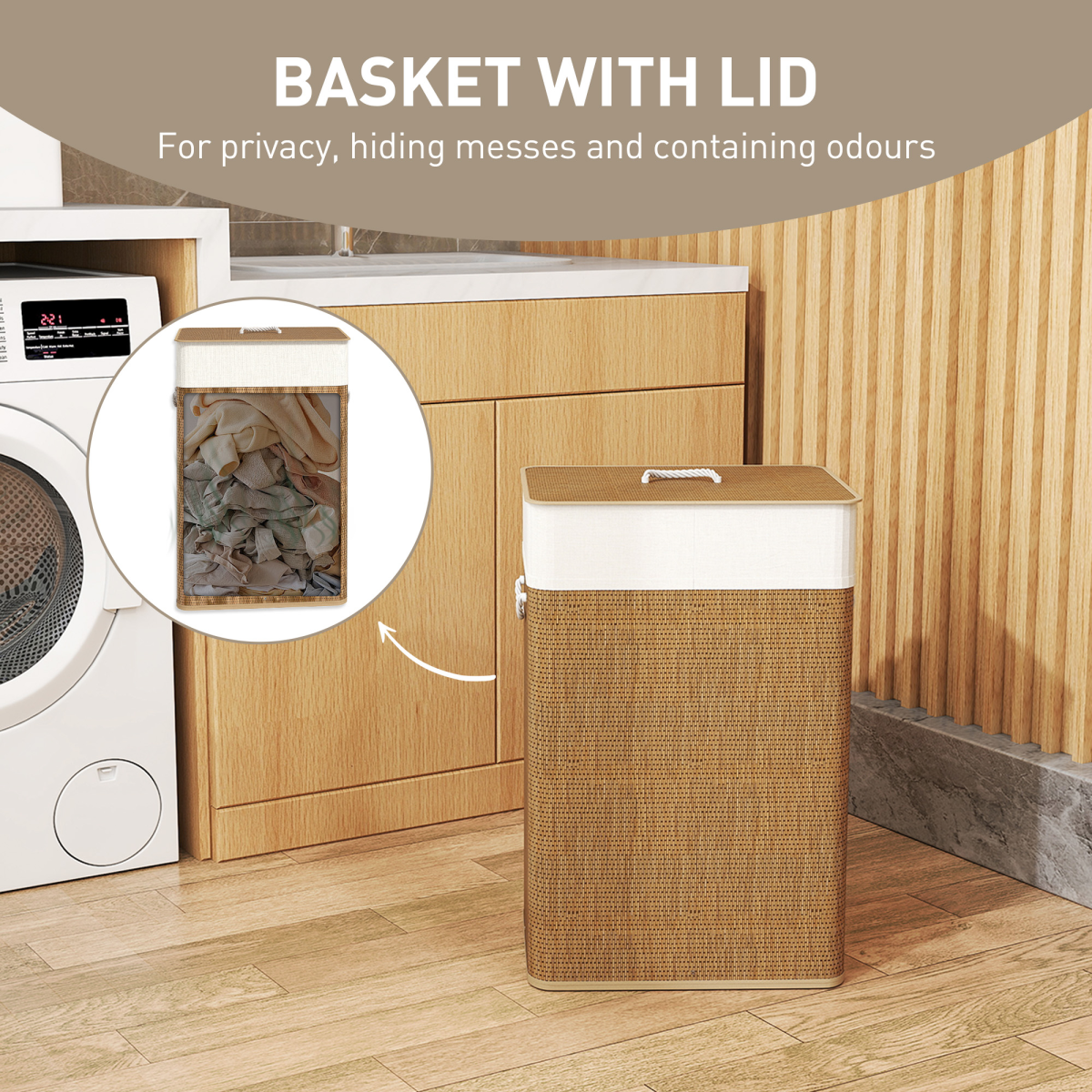 HOMCOM 72L Laundry Hamper with Removable Liner Bag and Lid – Portable Bamboo Laundry Basket, Brown