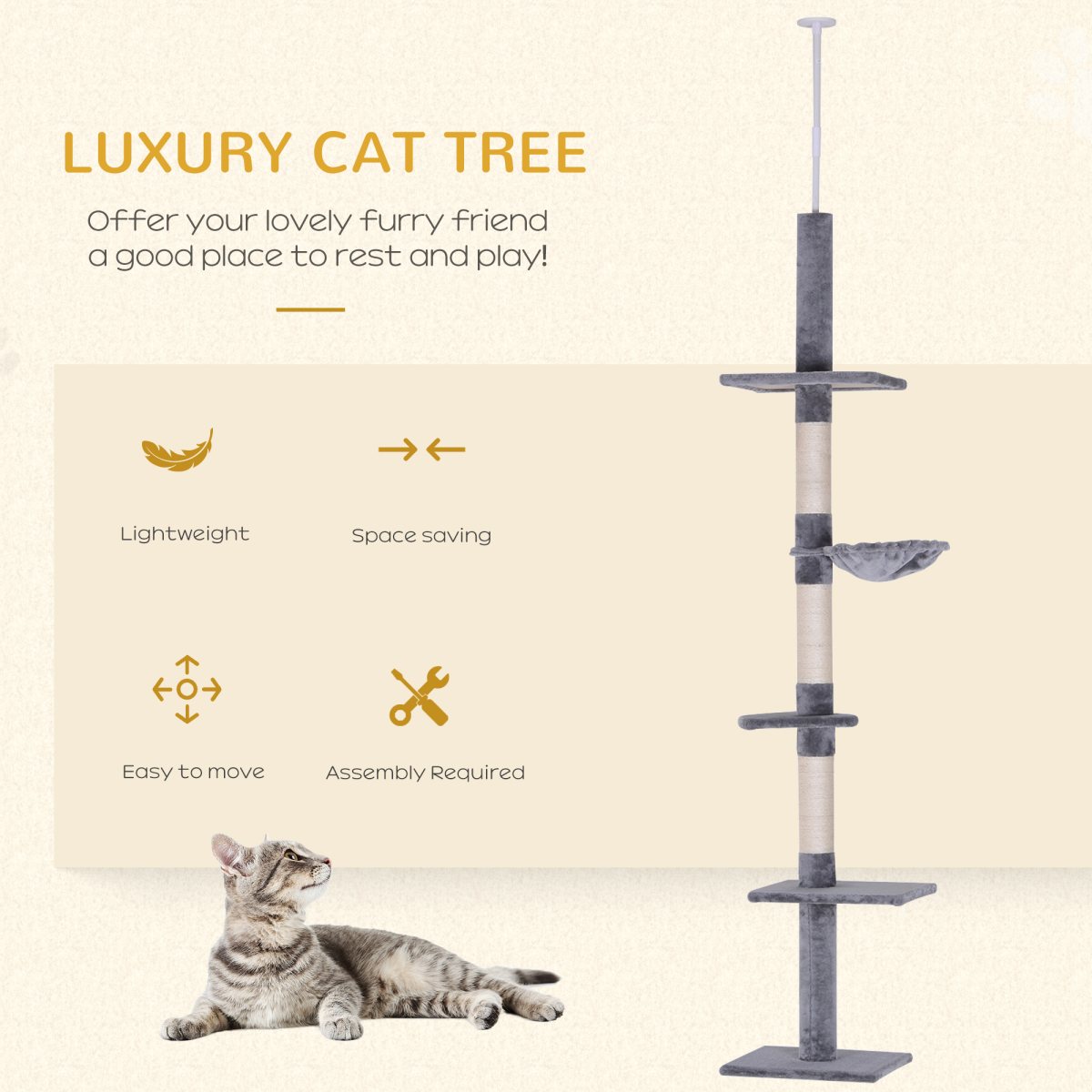 PawHut 5-Tier Cat Tree with Scratching Post, Floor to Ceiling Adjustable 230–260cm – Kitten Climbing Tower