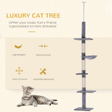 PawHut 5-Tier Cat Tree with Scratching Post, Floor to Ceiling Adjustable 230–260cm – Kitten Climbing Tower